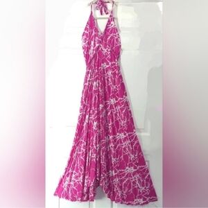 Spring Summer Maxi Halter Dress Pink & White Sundress Swim pool beach Dress